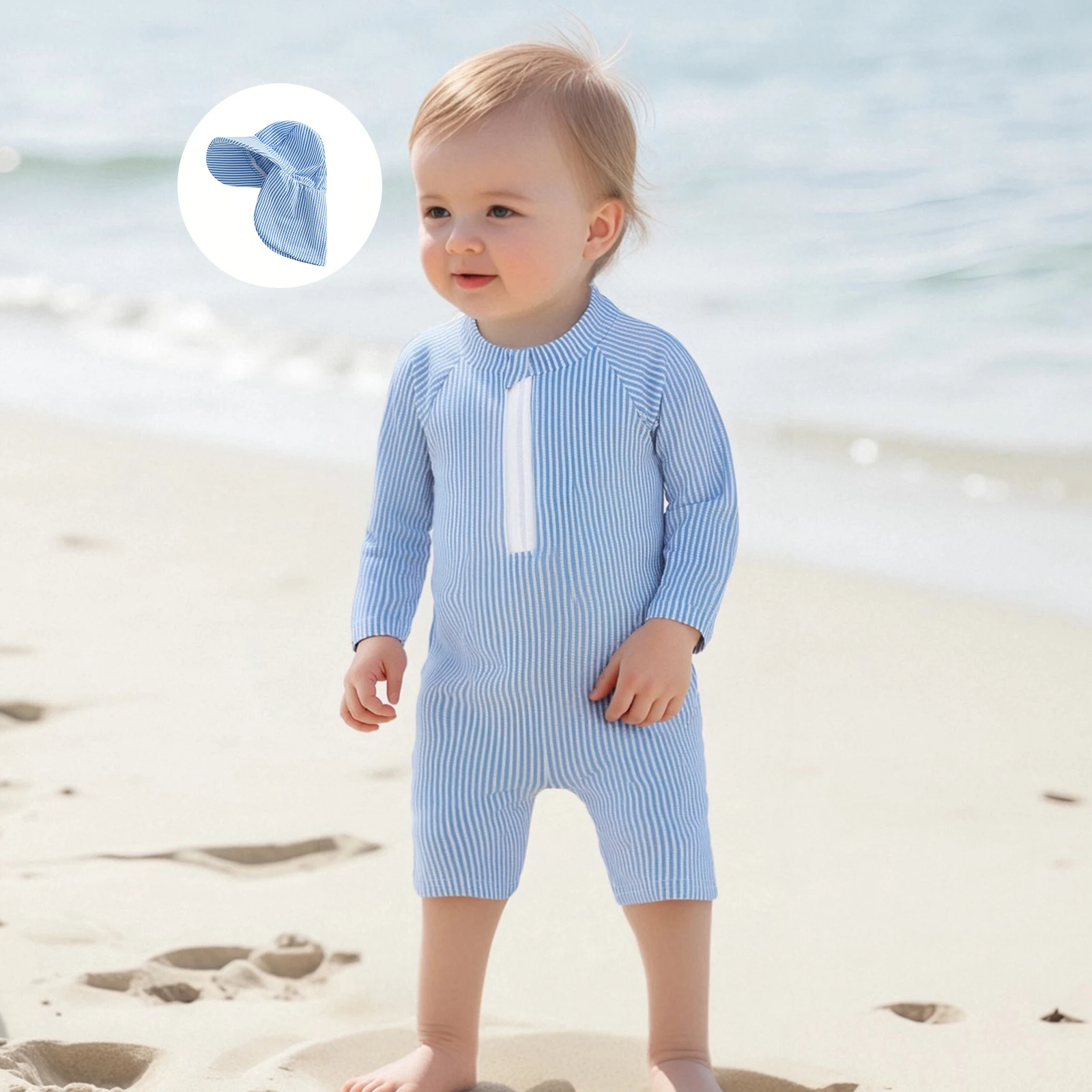 0-24 متر أطفال طفل الفتيان ملابس الصيف مخطط يطبع سحاب أكمام طويلة طفح الحرس ملابس السباحة وقبعة بحر ثوب السباحة