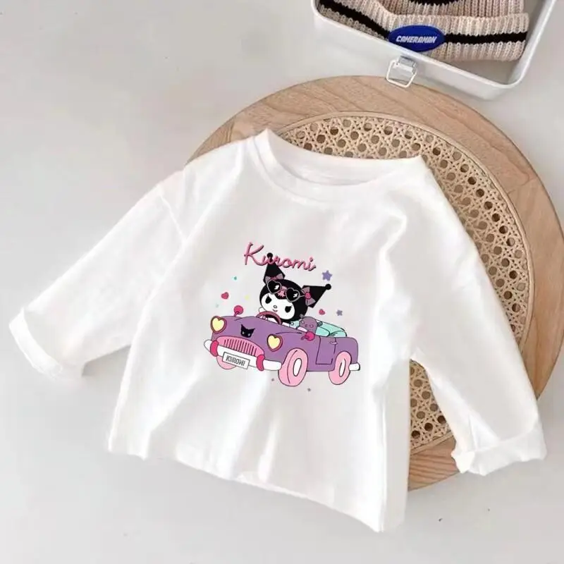Sanrio 헬로 키티 마이 멜로디 쿠로미 시나모롤 소년 소녀 긴 소매 코튼 티셔츠 탑 봄 여름 패션 프린트 티셔츠