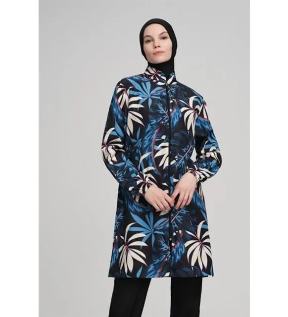Nehar 2236 palm patterned weaving blue black full hijab swimsuit