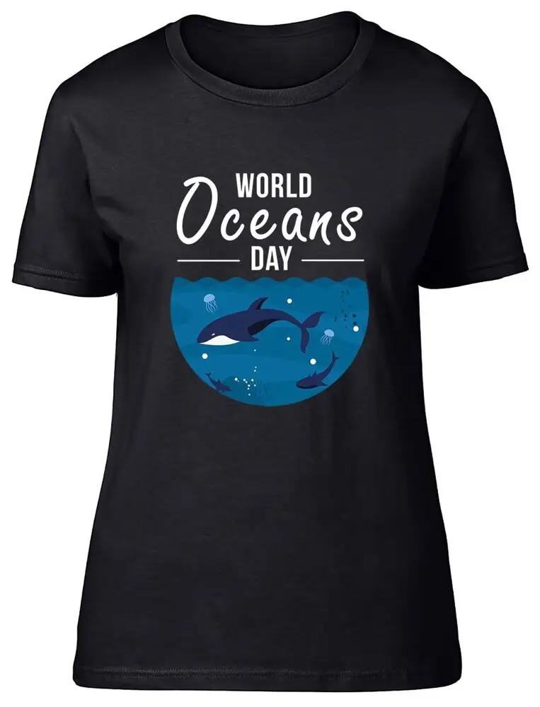 

Женская футболка с надписью «World Ocean Day под водой»