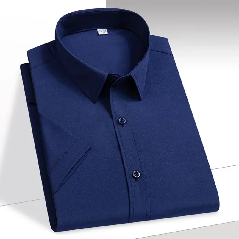 

Men's Shirt Short Sleeve Elastic Solid Ice Silk Shirt Easy Care Formal Comfortable Dress Shirts Male Basic Brand Man Clothes