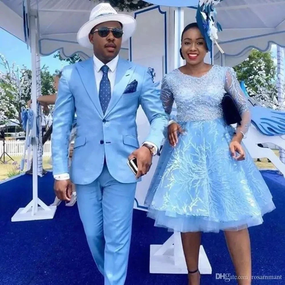 Sky Blue Fashion Peak Lapel Men Suit Groom Tuxedo Prom Blazer Hombre High Quality Custom 2 Piece Set Jacket Pant Costume Homme