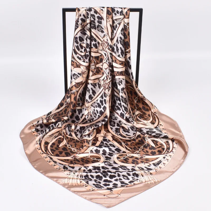 1pcs Women's Leopard Print 90 Silk Scarf Imitation Silk Fashion Trend Leopard Print Multi-color Stitching Large Square Scarf 6