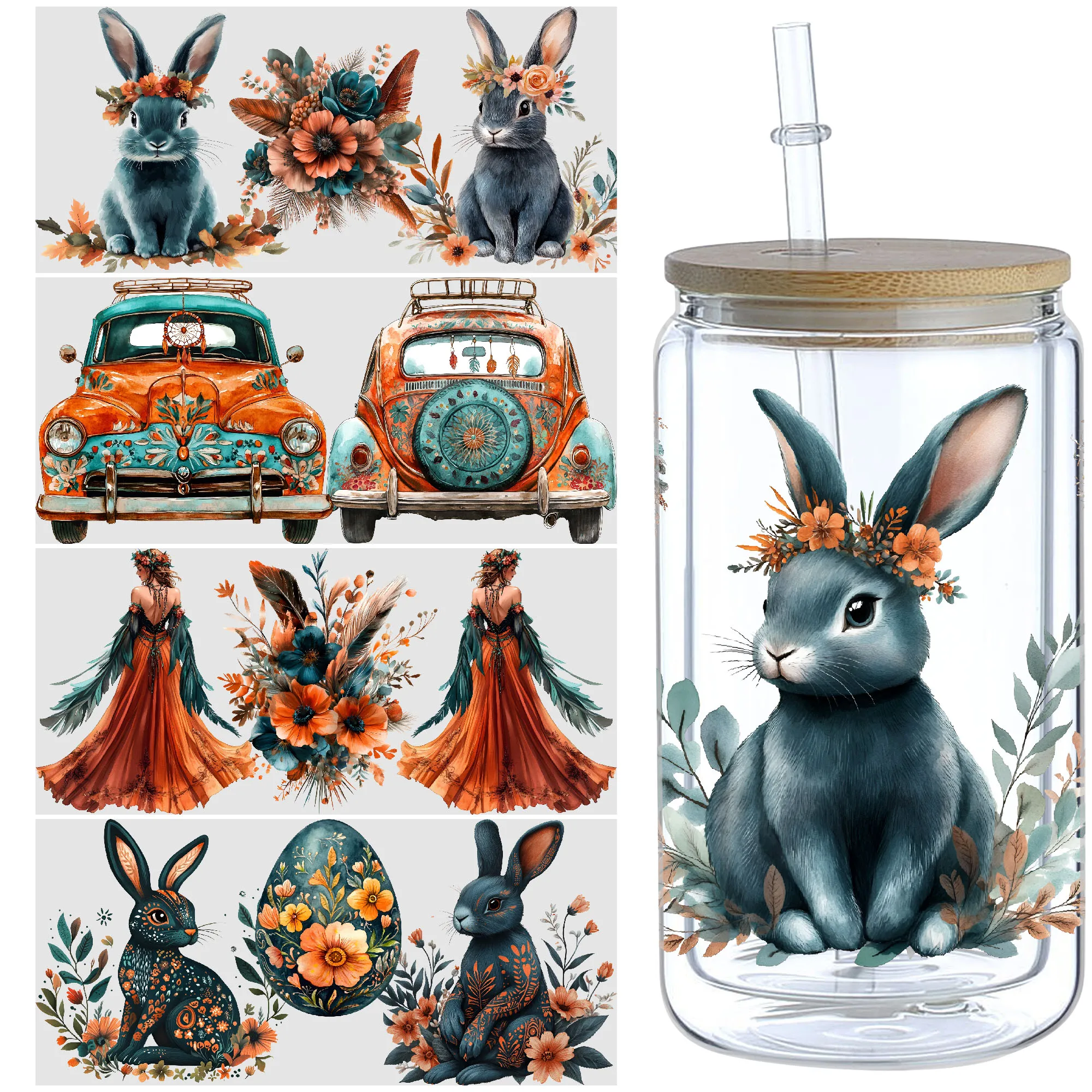 5 Sheets Easter UV DTF Cup Stickers, Glass Cup Transfer Stickers, Waterproof Wipeable Transfer Paper for 16 Ounces Glass Cups