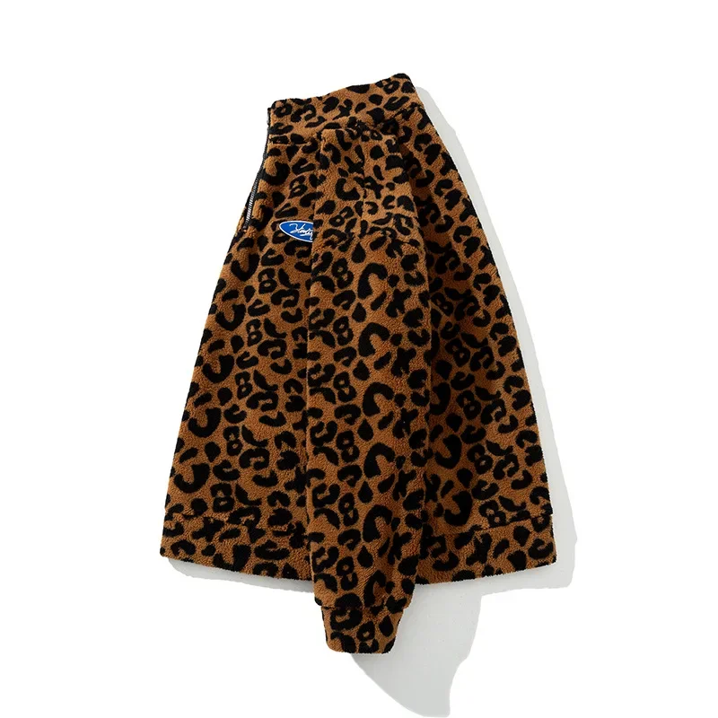 Stand-up Collar Street Women's Thick Coat Couple Fashion Hoodie Sweater 2021 Autumn and Winter New Leopard Print Lambs Wool Coat
