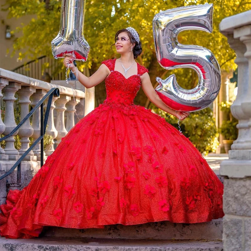 

Sweetheart Collar Sleeveless Layered Tulle Party Ball Gown Elegant Red Quinceanera Dress Laced up 3D Flower Applique Dresses