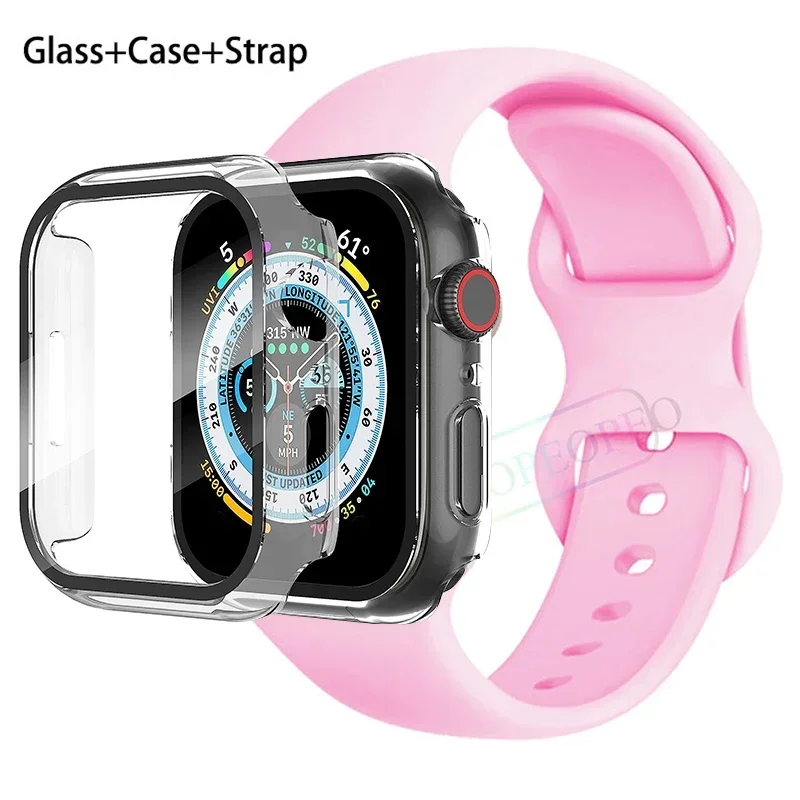 Premium Silicone Apple Watch Band with Glass Case and Strap - Compatible with All Series