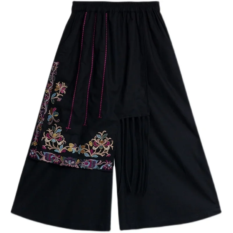 New Ethnic Harajuku Tassel Patchwork Women Black Pants Skirts Vintage Embroidery Elastic Waist Trousers Chinese Style Clothing