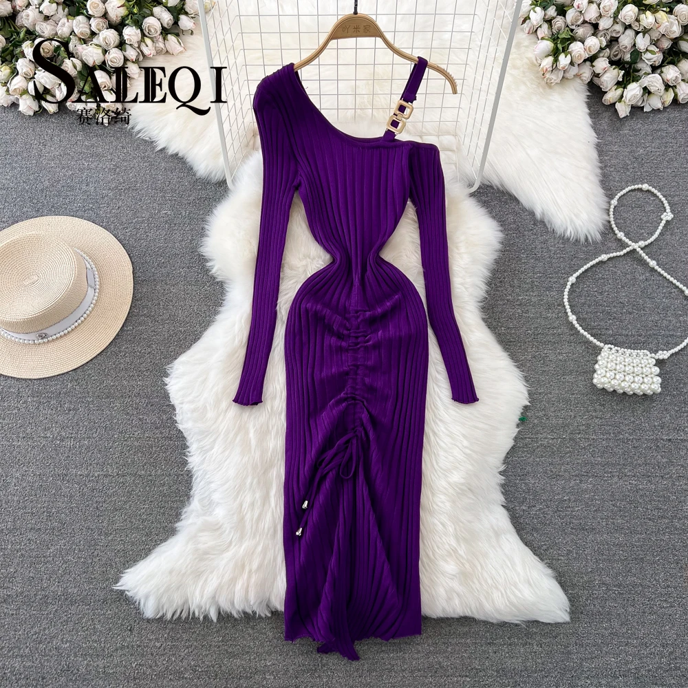 

Women Long Sleeve Diagonal Collar Drawstring Sexy Bodycon Slip Dress Vintage Fashion Knit Tight Vestido Elegant Slim Sweater