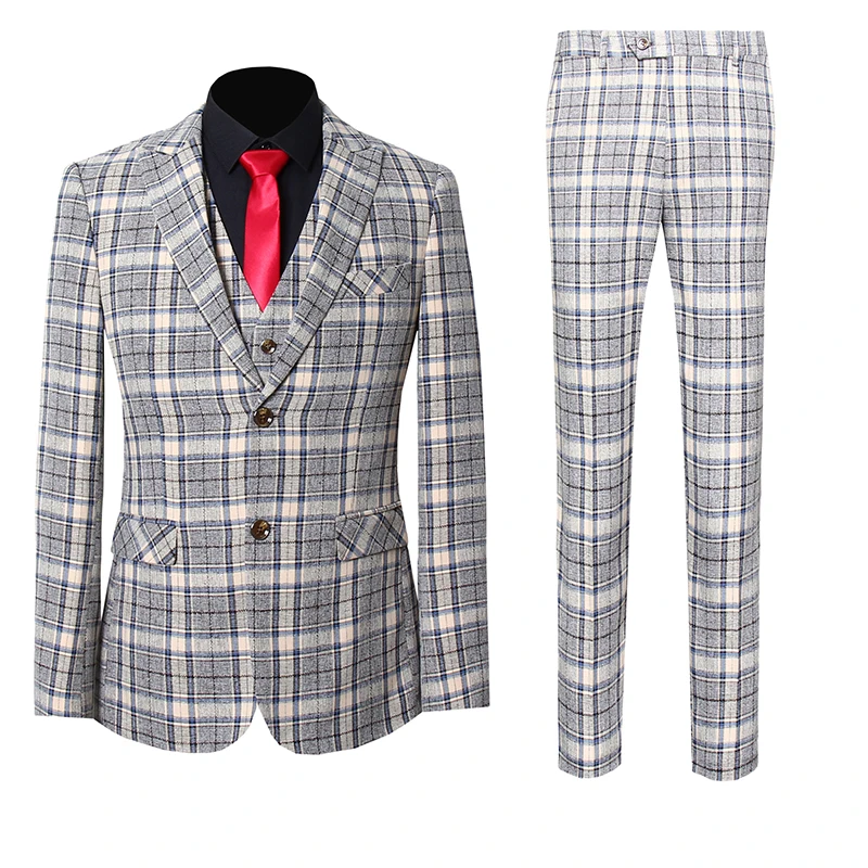 

Men's Luxury Blazer Costume Gentleman Jacket Suit Male Dress Suit for Men England Style Plaid Blazer Pants Suits 3 Piece Sets