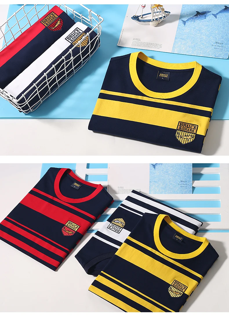New Straight Men's Short T-shirt Round Neck Bruce&Shark Fashion Men's Stripe Tee Stretch Cotton Summer Breathable Tops Big Size 33 Sb4a33081aea04403a2b582458902399f3