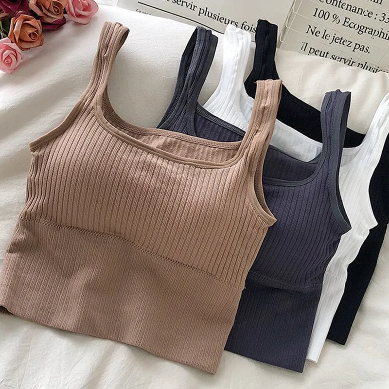 

Seamless Crop Top Wire-Free U Back Camisole Wide Straps Striped Solid Bralette Vest Women's Underwear Sexy Lingerie Tanks Top