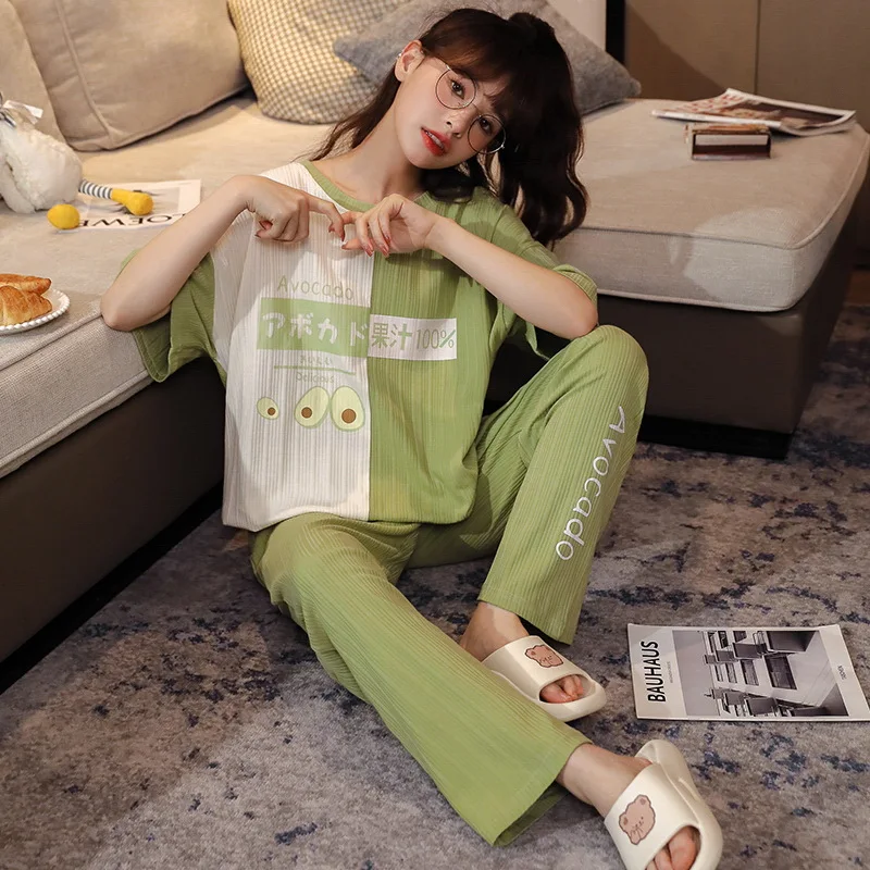 Summer 2022 New women's Korean Fashion Round Neck Pajamas Suit Plaid Trousers short sleeves Ladies Pijamas Loose Soft Homewear