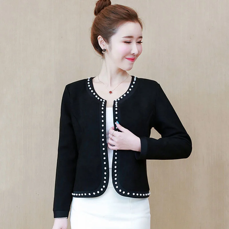 

Spring Short Suedu Jacket Women Cardigan Kimono Coat Female Slim O-neck Pearls Vintage Outerwear Jacket Woman Korean Style