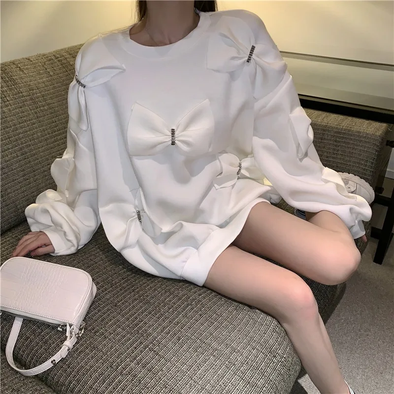 Female Long Sleeve Solid Color Korean Sweatshirt Women Sweet Rhinestone Bow Cotton Loose and Thin Fall Winter White Pullovers