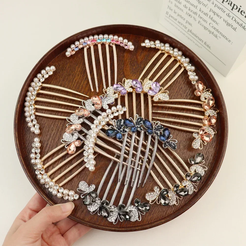 

Retro Elegant Pearl Insert Comb Back Head Plate Hair Comb Butterfly Rhinestone Flower Hair Clips Korean Hair Styling Accessories