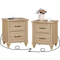 Set of 2 End Tables with Charging Station,2 Drawer Wooden, Nightstands 1