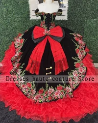 Elegant Mexican Embroidery Quinceanera Dresses With Bow Black And Red Ball Gown Birthday Gown Off The Shoulder Lace-Up Sweet 16