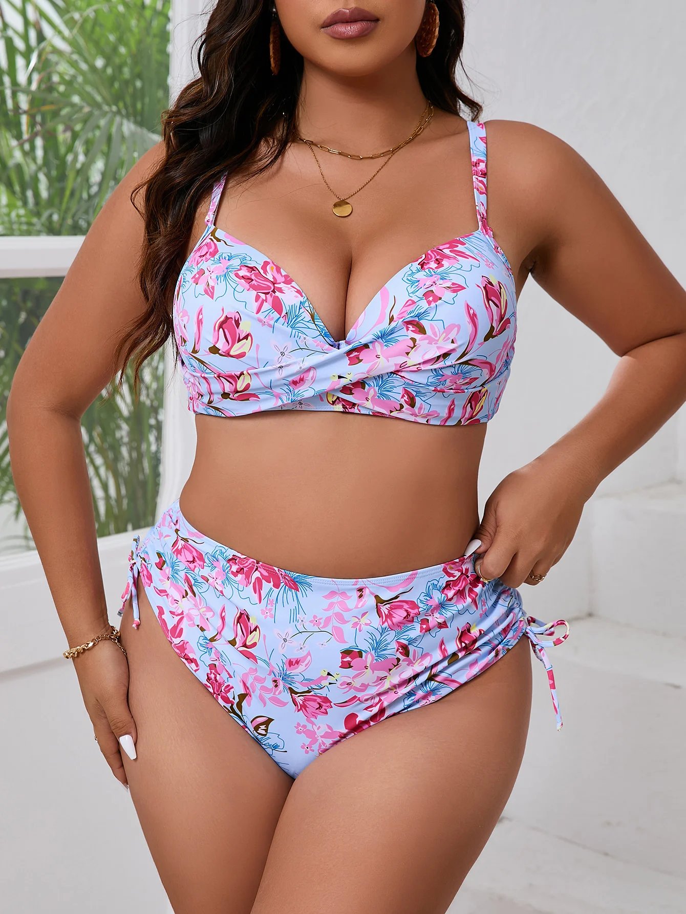 2025 Large Plus Size Bikini High Waist Swimsuit Women Floral Swimwear Female Bathers Bathing Swimming Swim Suit Summer Beachwear