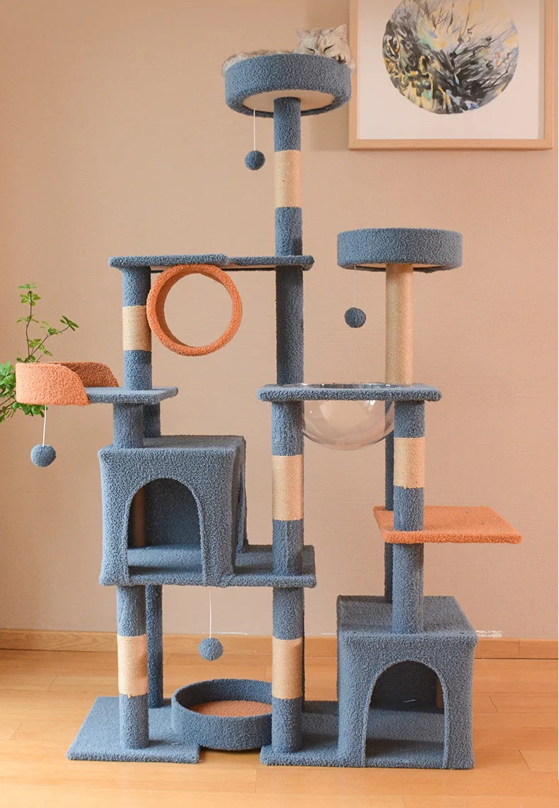 Cat Tree Tower With Sisal Scratching Post 64 Inch 162cm 2 Condos Luxury Pet Climbing Tree Multi-Level Wooden MDF Plywood OEM/ODM