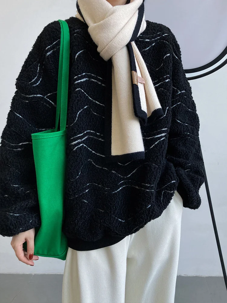 

Striped Panelled Women Lambswool Pullover Sweaters 2022 Winter Long Sleeve Female Knitted Thickened Warm Ladies Sweatshirt H918