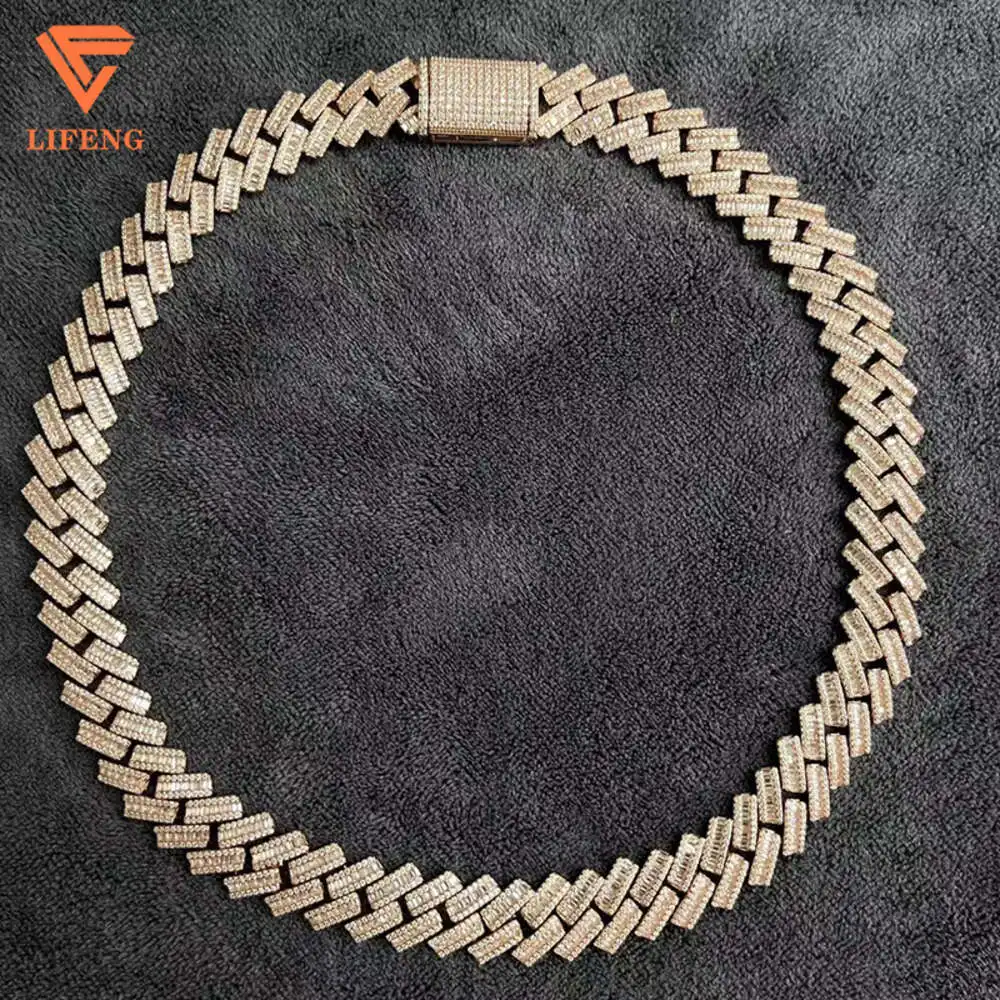 

925 Silver 15mm Mens Vvs Moissanite Baguette Diamonds Cuban Necklace Iced Out Hiphop Fashion Jewelry Gold Plated Cuban Chain