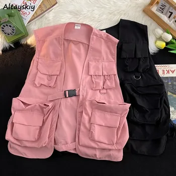 Vests Women Solid Pockets All-match Special Unisex Simple Cool Japanese Style Leisure Vintage Attractive Spring Students Young 1