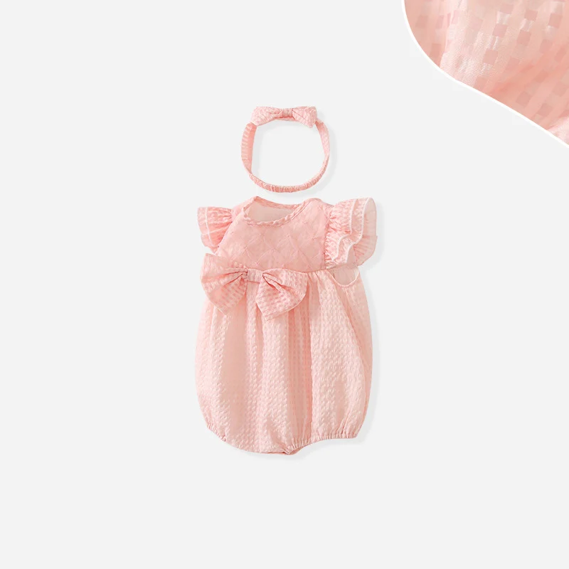 

Summer 2024 Newborn Girls Rompers Cotton Flying Sleeve Solid Thin Knotbow Loose Baby Girls Bodysuit Infant Girls Outfits