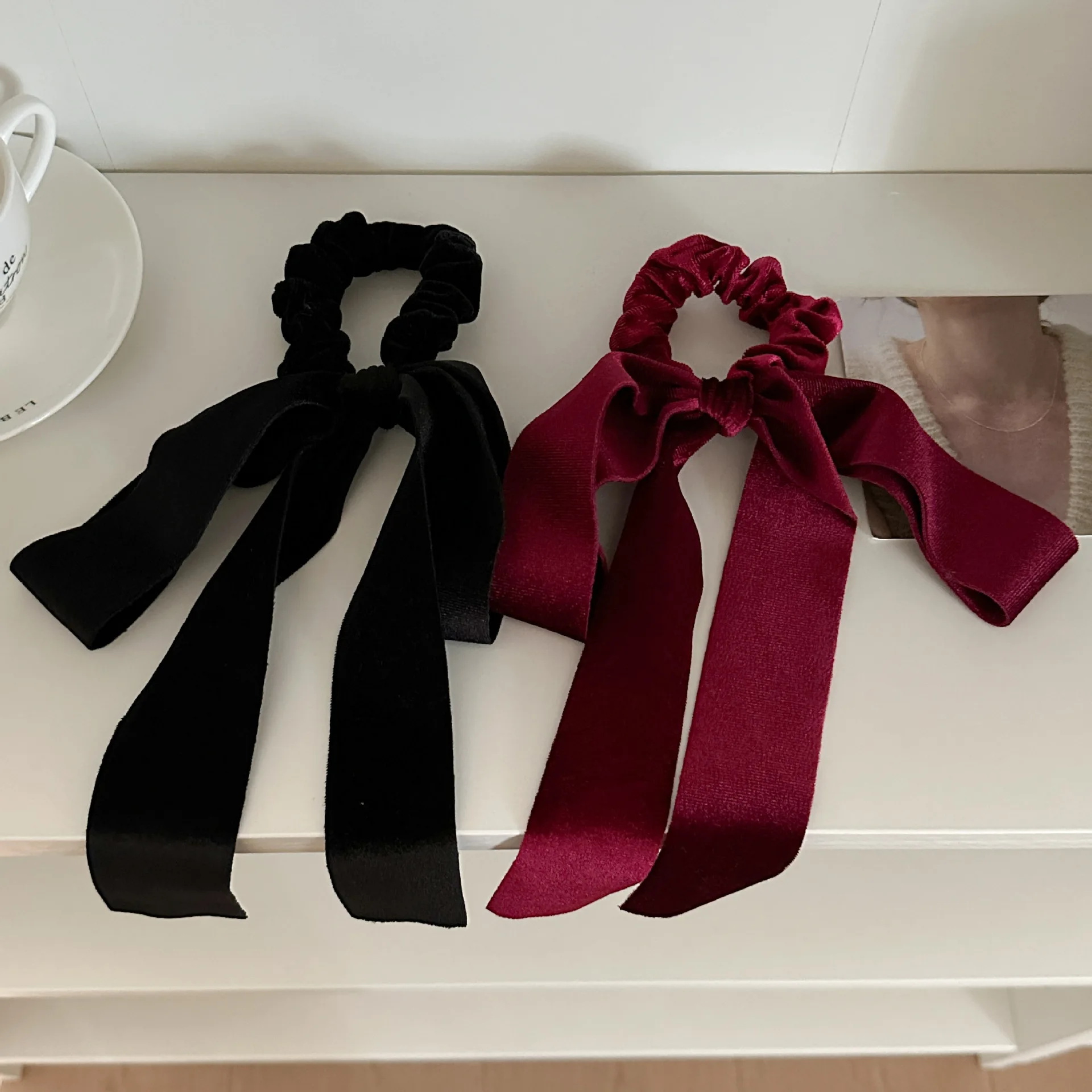 Nette Rot Schwarz Samt Band Bogen Scrunchies Frauen Mädchen Elastische Haarbänder Zubehör Krawatte Haar Seil Kopfschmuck Kopfbedeckung Ornament – Detail 1