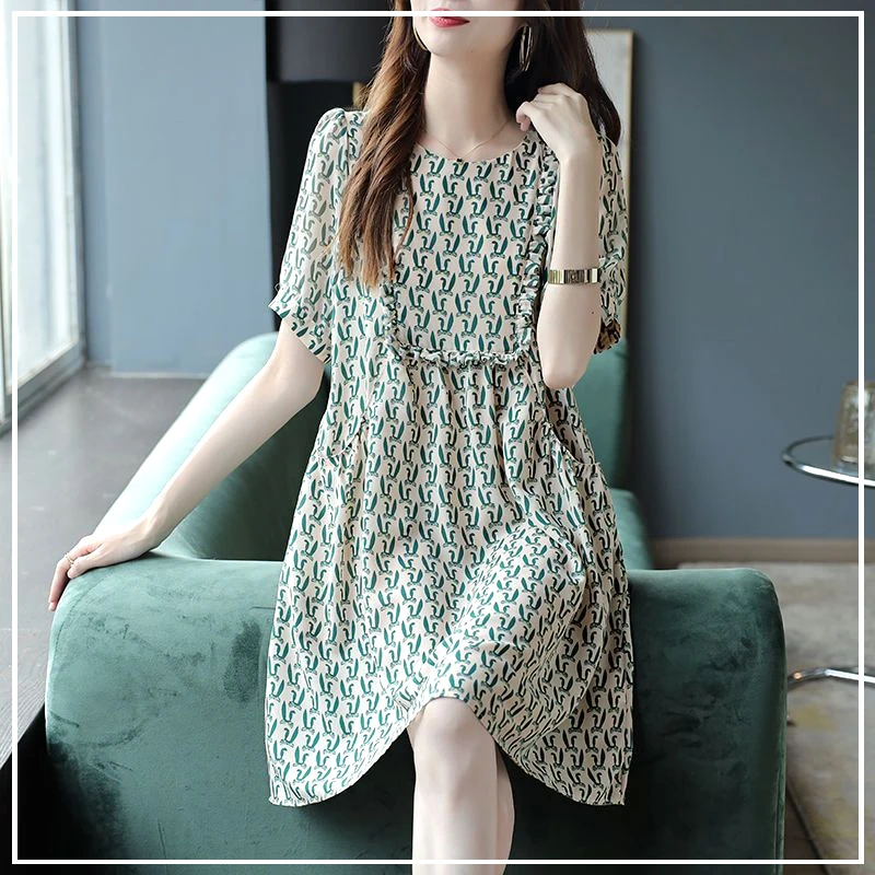

2024 New Summer Minimalist Casual Loose Fashion Trend Round Neck Printed Patchwork Ruffle Edge Short Sleeved A-line Dress
