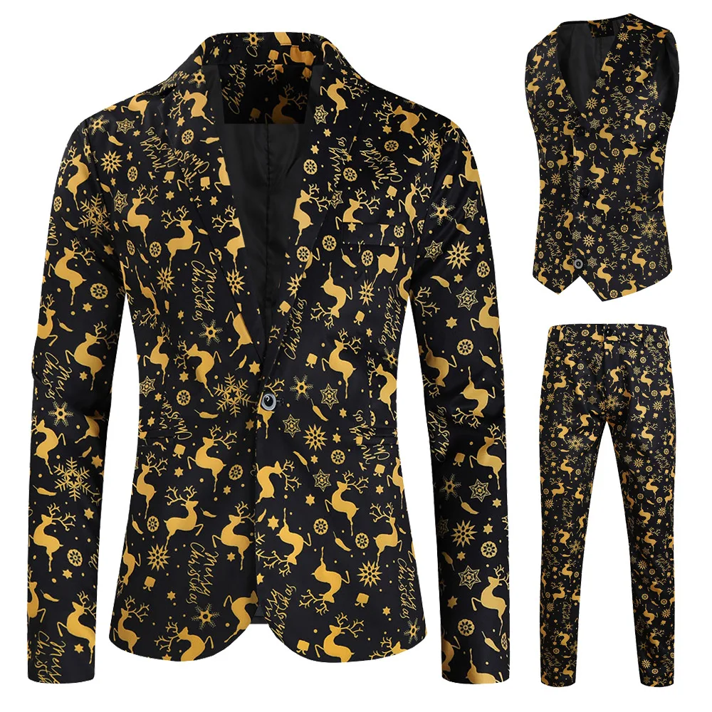 thumbnail image 1 of Traje navideño de 3 piezas para hombre, con estampado de copos de nieve y muñeco de nieve, traje informal de manga larga, chaqueta de un solo pecho, pantalones y chaleco, conjunto para Navidad, 1 of 5