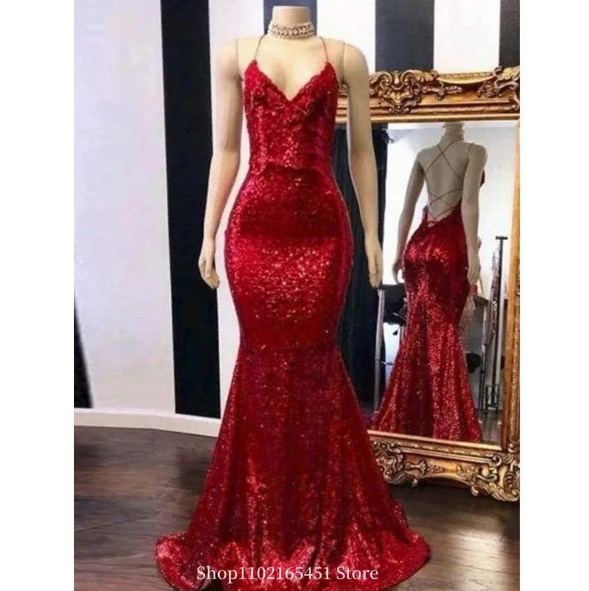 

Bling Sequin Evening Dresses Mermaid Backless Women Formal Party Dress V neck Elegant African Prom Gowns Robe De Soiree