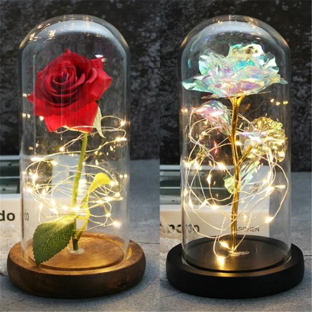 Lumière Led, Rose galaxie dans une veilleuse en forme de dôme de verre,  cadeaux, guirlande lumineuse Led sur fleur, Rose pour la saint-valentin