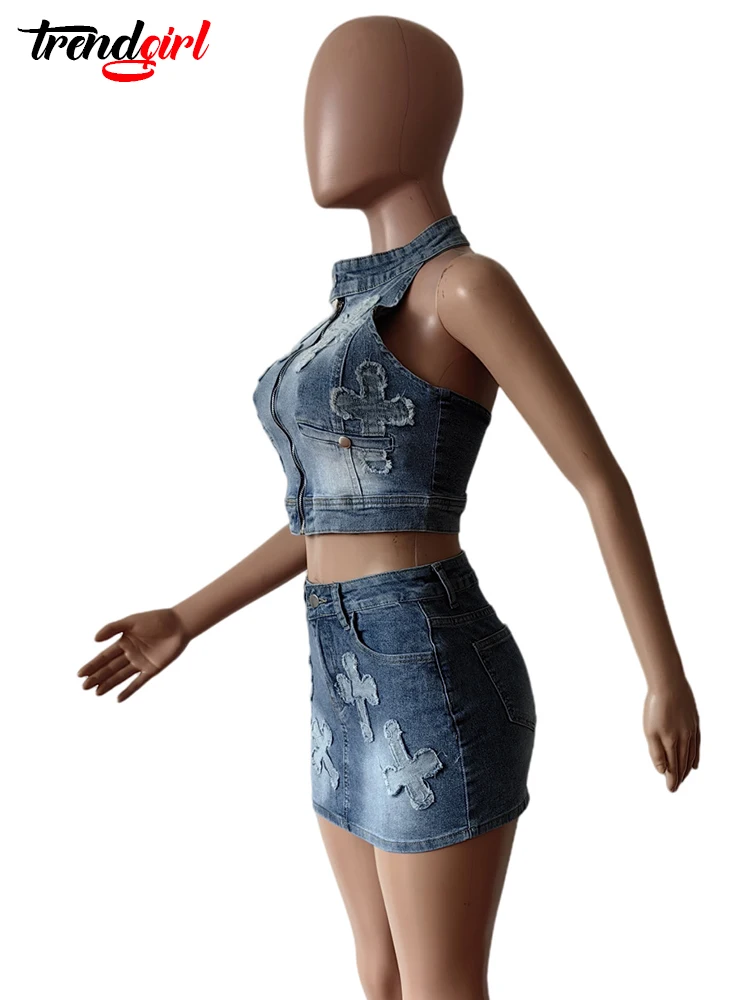 Trendgirl Sexy Party Stretch Denim Two 2 Piece Set Women Embroidery Birthday Outfits Halter Tank Tops Mini Skirts Suits Clubwear