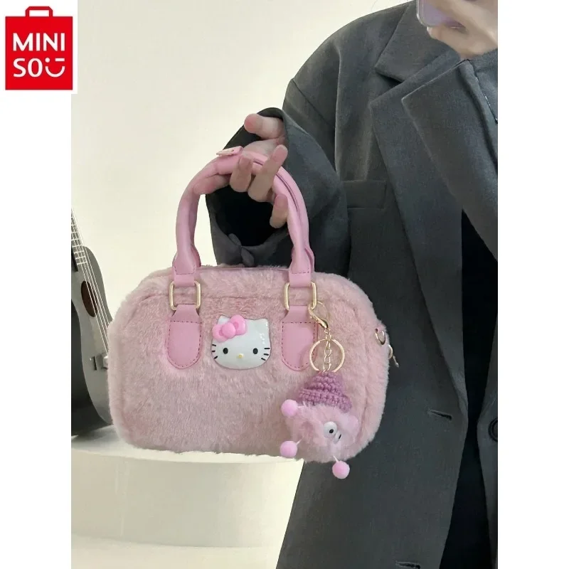 MINISO Sanrio Cartoon Hello Kitty Sweet Pink Printed Women's Love Cute Plush Fashion High Quality Diagonal Straddle Bag