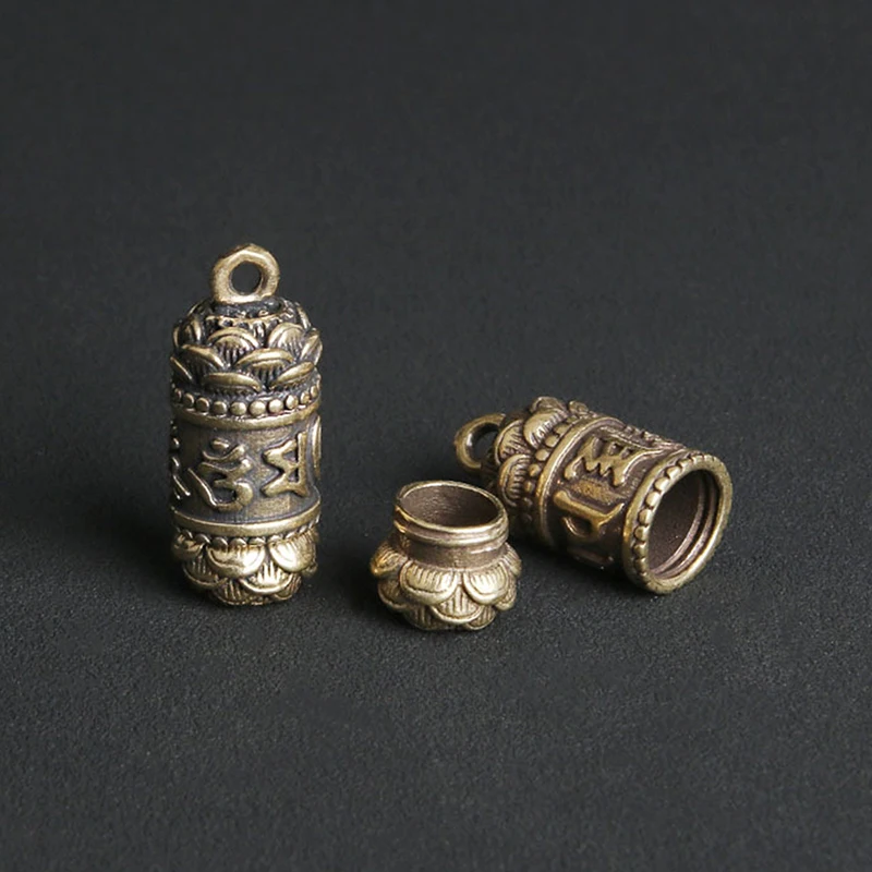 Mini Storage Boxes Hollow Brass Buddha Bottle Sutra Cylinder Pendant Keychain Handmade Vintage Pill Box Container Bottle Keychains Pill Case