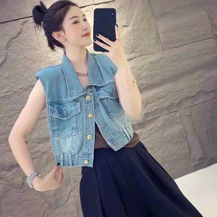 

Summer New American Blue Denim Tank Top Vest Women Summer Loose and Slimming Single Breasted Top Short Coat