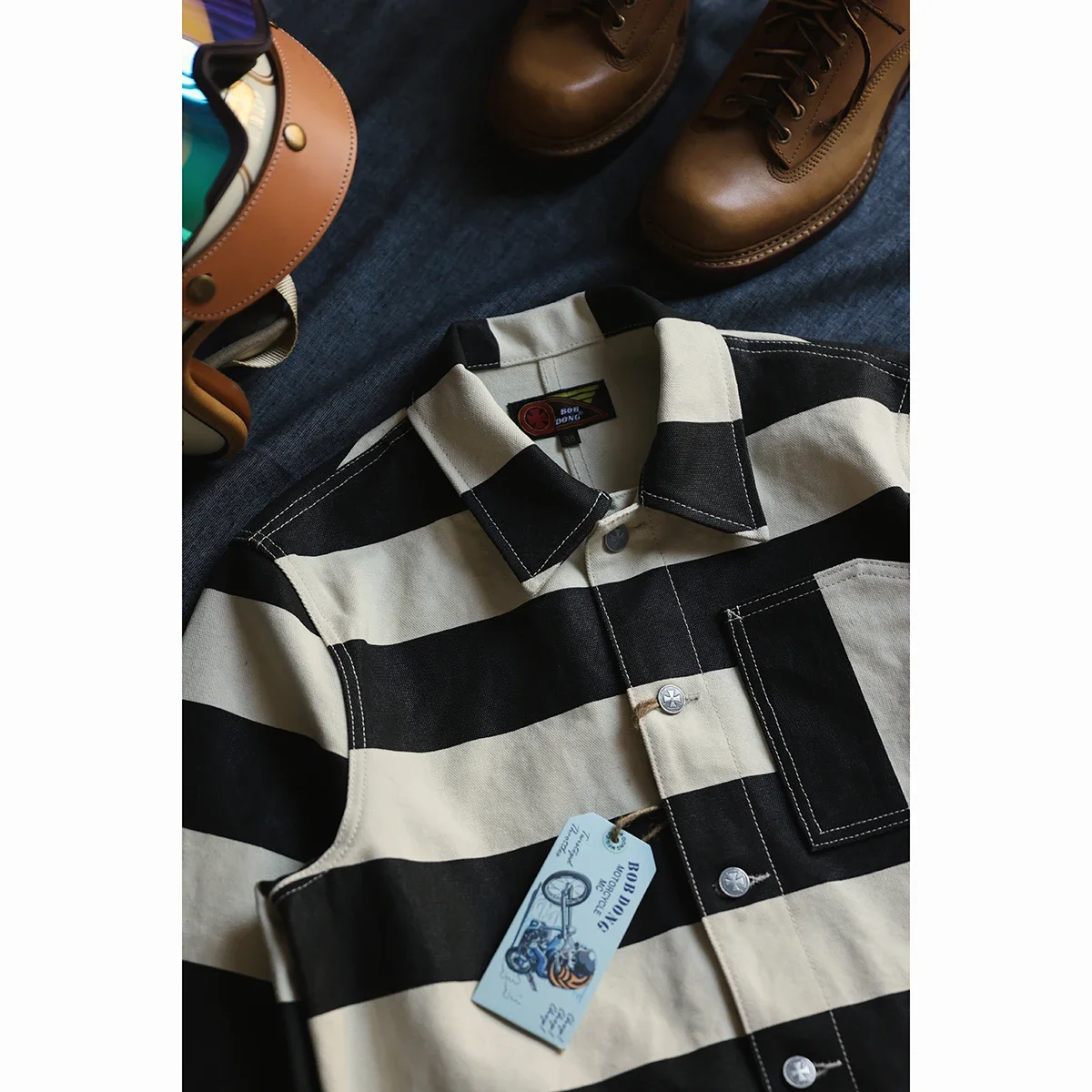 BOB DONG 16oz Canvas Striped Biker Jacket Spring Men Unlined 3-Pocket Chore Coat 3