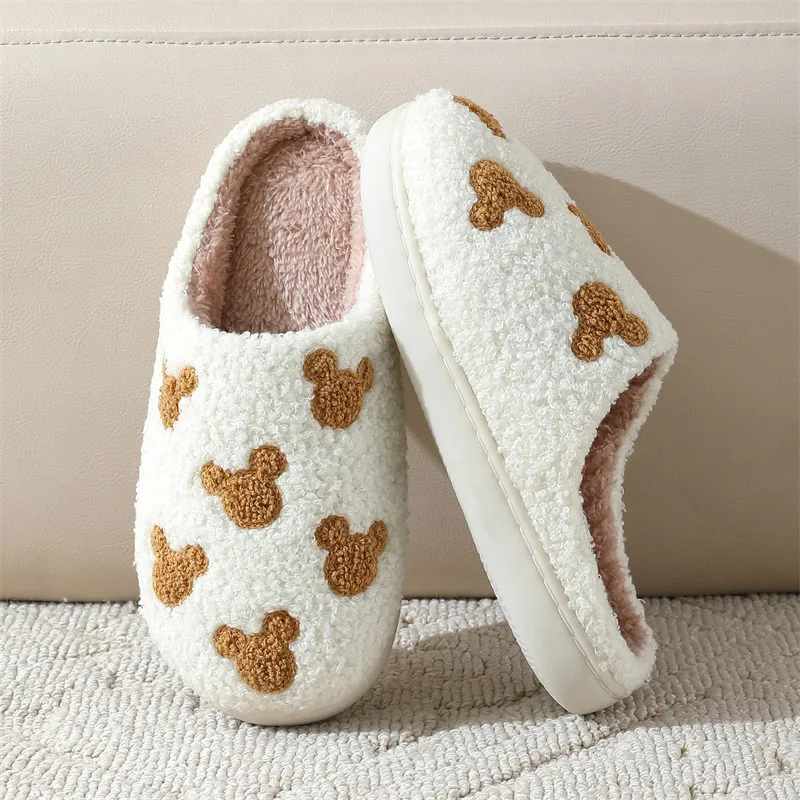 Cute Bears Pattern Fur Slippers Women 2025 Winter Indoor Non Slip Home Cotton Slippers Woman Closed Toe Plush Slides Ladies