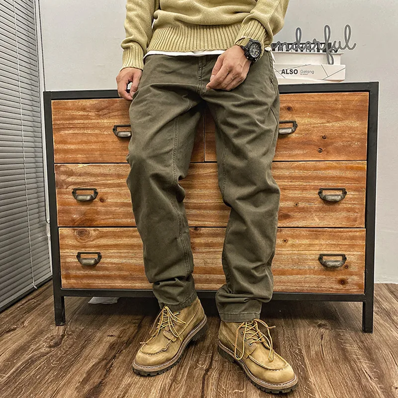 Heavy Weight Cotton Workwear Casual Pants Men Retro Motorcycle Straight Leg Trousers Loose Britches Outdoor Tooling Camp