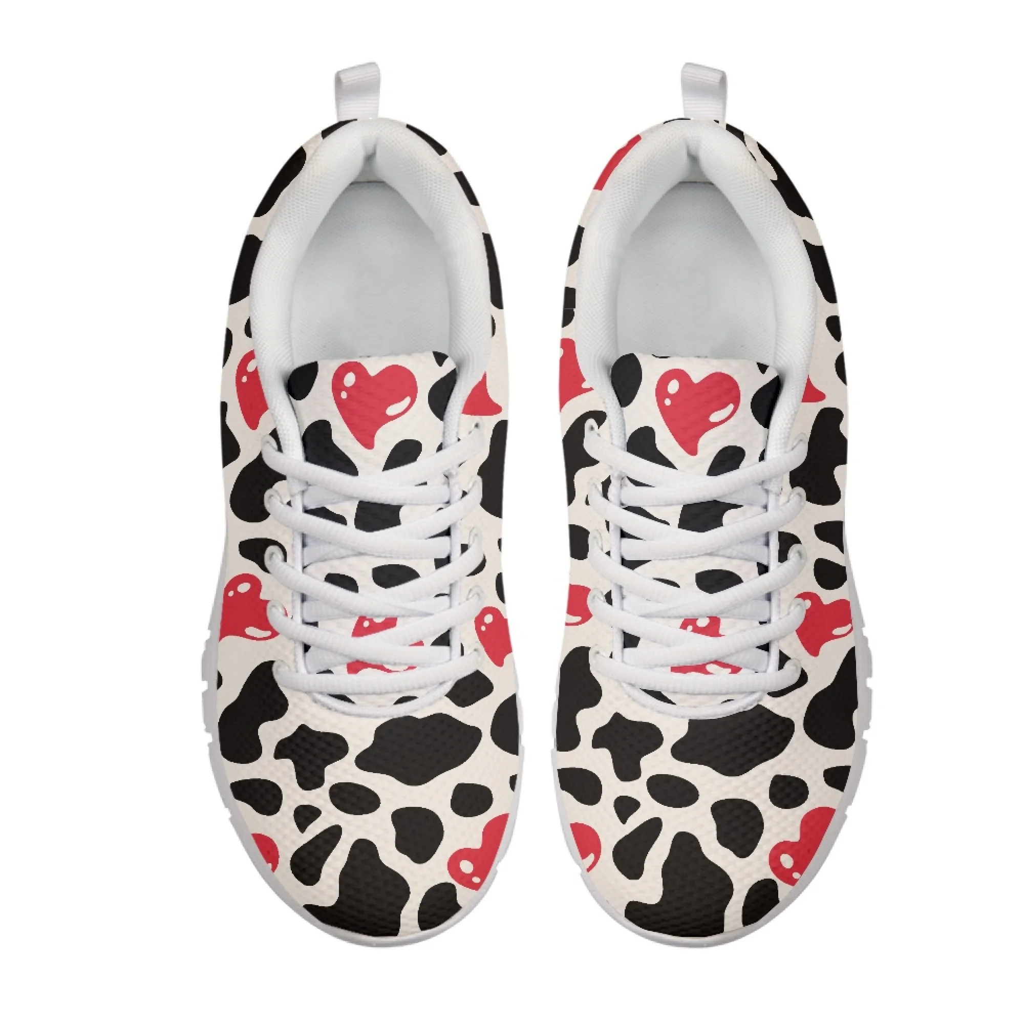 Yikeluo Cute Cow Love Print Pattern Femme Mesh Sneakers Breathable Lace up Flat Shoes for Women Casual Footwear Zapatos