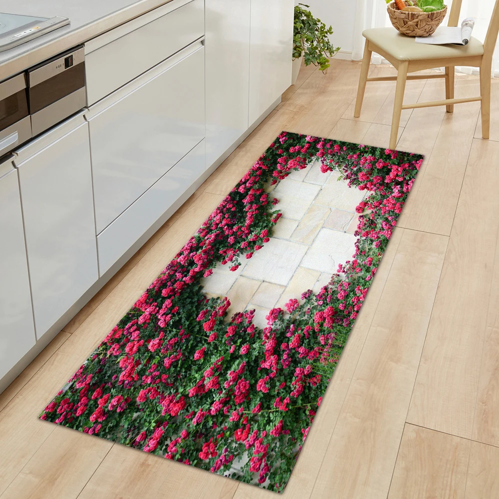

Love Flowers Kitchen Mat Home Entrance Doormat Living Room Bedroom Floor Decor Carpet Hallway Bathroom Door Non-Slip Foot Rug