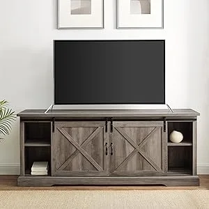 farmhouse entertainment center tv stand 80+ inch tv storage sliding barn door low bookshelf