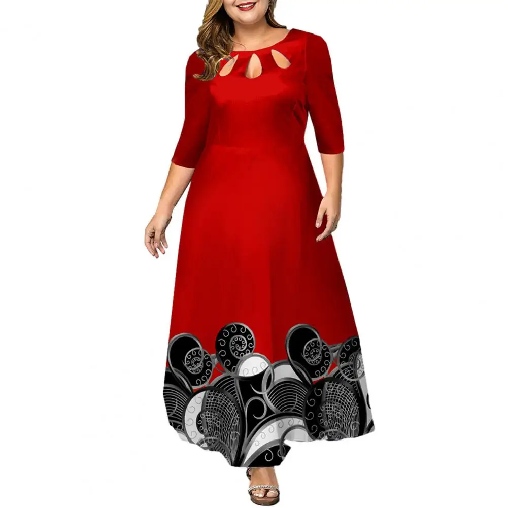 

Women Maxi Dress O-neck Long Dress Elegant Women's O-neck Maxi Dress with 3/4 Sleeves Hollow Out Printing High Waist for Any