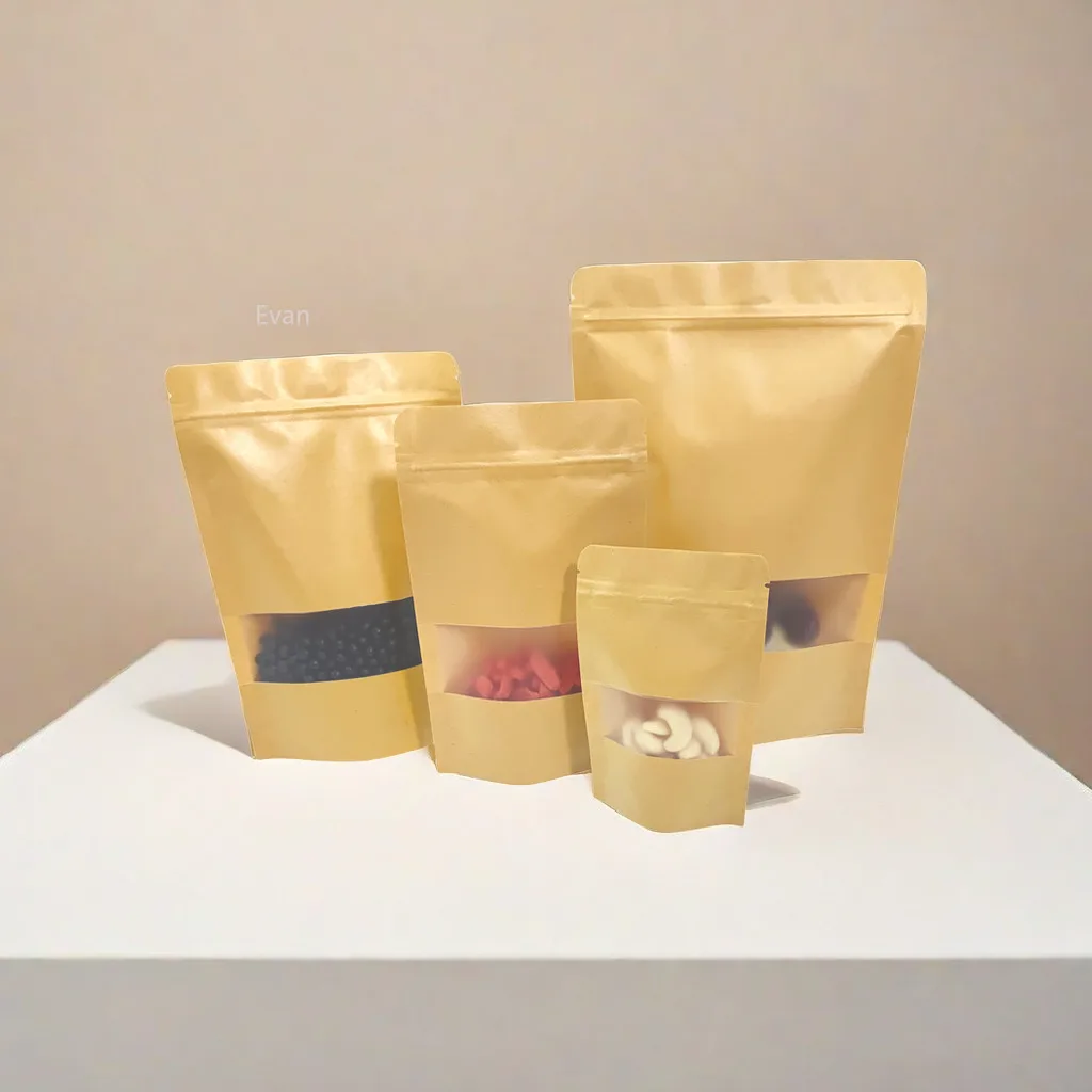 프리미엄 크래프트 종이 스탠드 업 선물 포장 가방, 너트, 과일, 차 자체 밀봉 지퍼 파우치, 50/100 인치