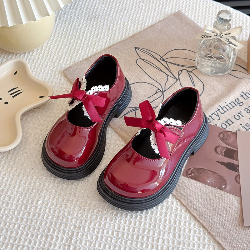 Girl's Leather Shoes Ruffles Ribbon Chunky Elegant Hook-loop Kids Mary Janes Spring Morden Black Wine Red Daily Children Shoe