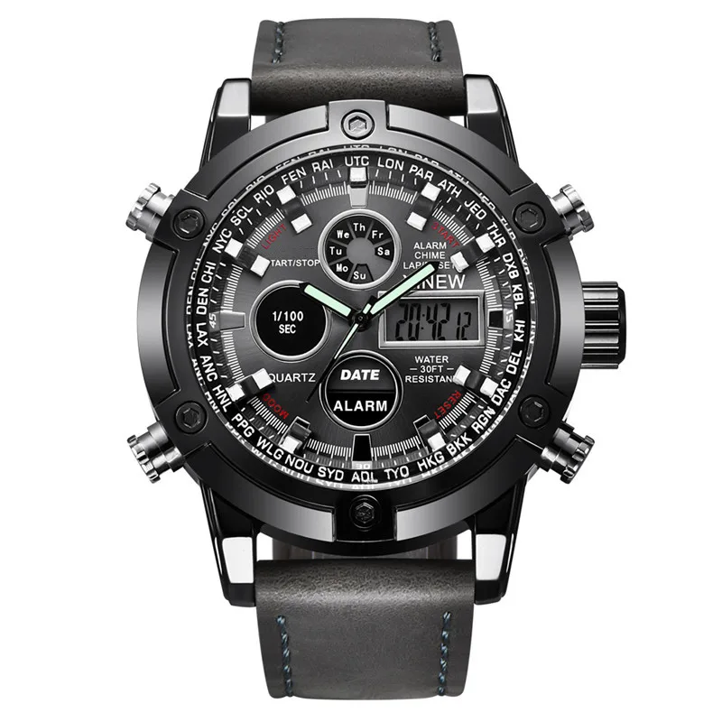 Men's Fashion Leather Band Watch - Dual Time Design in Black