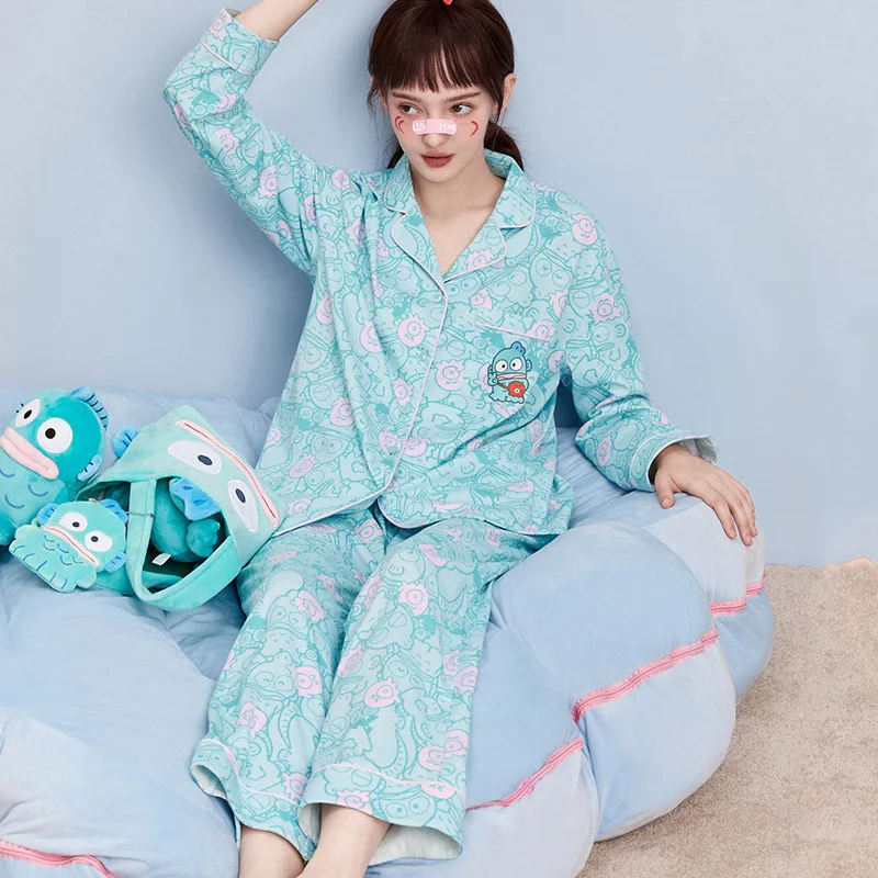 

2023 Cute Sanrios Anime Kawaii Kuromi Hangyodon Cotton Spring Autumn Pajamas Cartoon Long Sleeved Girl Home Wear Two Piece Set