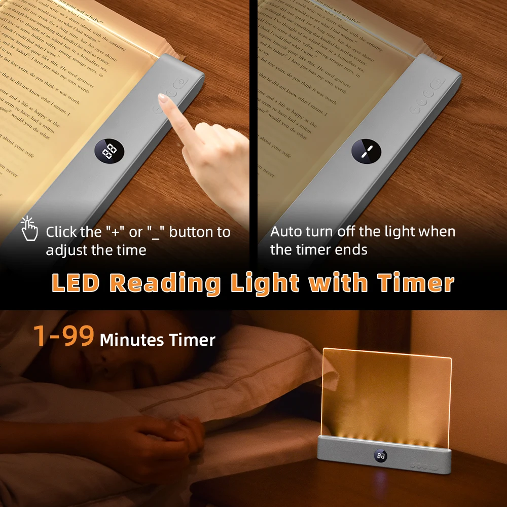 LED 독서등 충전식 투명 LED 플랫 북 라이트 눈 보호 3색 타이머 독서 램프 침대 침실 야간 조명