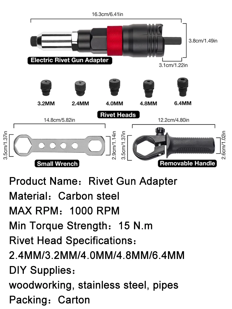 2.4-6.4mm Professional Electric Rivet Nut Gun Adapter Automatic Riveting Nail Gun Cordless Riveting Tools With Wrench And Handle 4